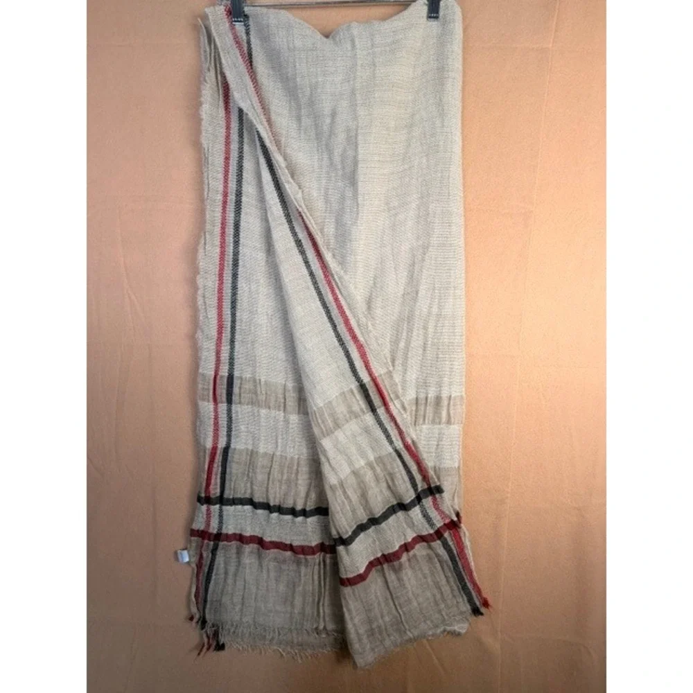 Oversized Plaid Blanket Scarf Beige Red Black Fringe Shawl Wrap 34x78